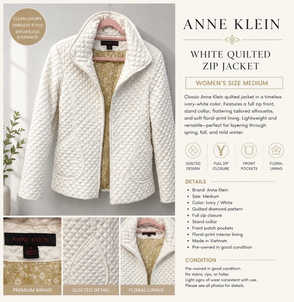 Anne Klein White Quilted Zip Jacket Women’s Medium